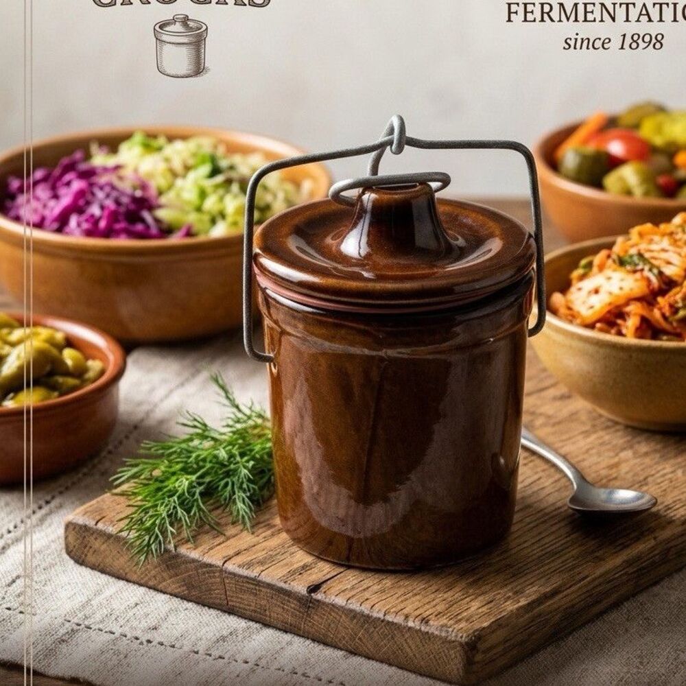 Heritage Crocks 1L Ceramic Fermentation Crock with Lid, Brown Solid Traditional